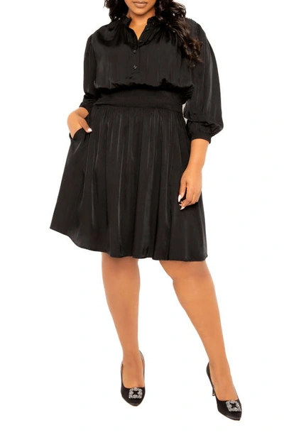 Buxom Couture Smocked Long Sleeve Satin Dress In Black