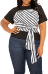 Buxom Couture Stripe Tie Front Layered Top In Black Multi