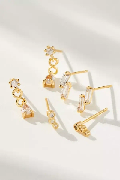 By Anthropologie Delicate Crystal Earrings, Set Of 3 In Gold