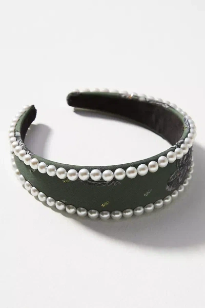 By Anthropologie Pearl-trim Floral Headband In Green
