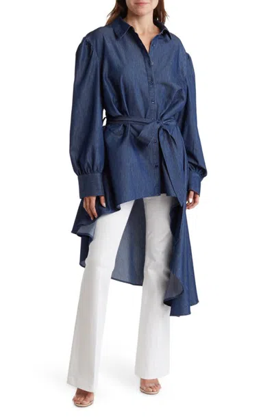 By Design Batallion High-low Hem Blouse In Medium Chambray
