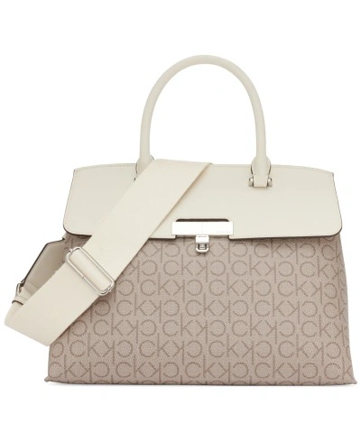 Calvin Klein Becky Signature Turnlock Convertible Satchel In Taupe Whit