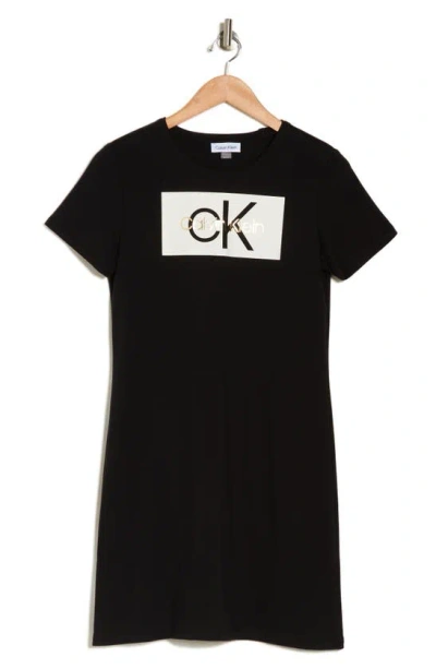 Calvin Klein Block Logo Stretch Cotton T-shirt Dress In Black
