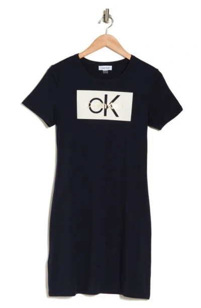 Calvin Klein Block Logo Stretch Cotton T-shirt Dress In Indigo
