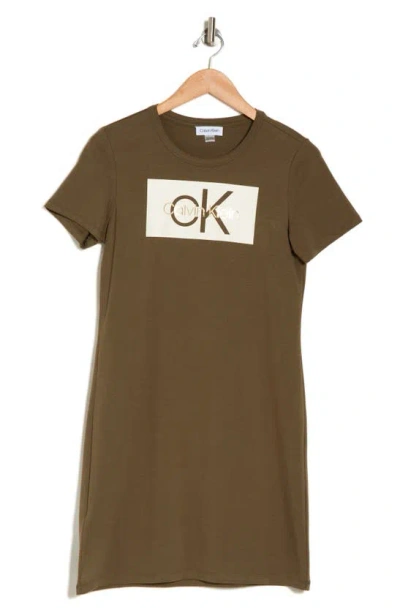 Calvin Klein Block Logo Stretch Cotton T-shirt Dress In Caper