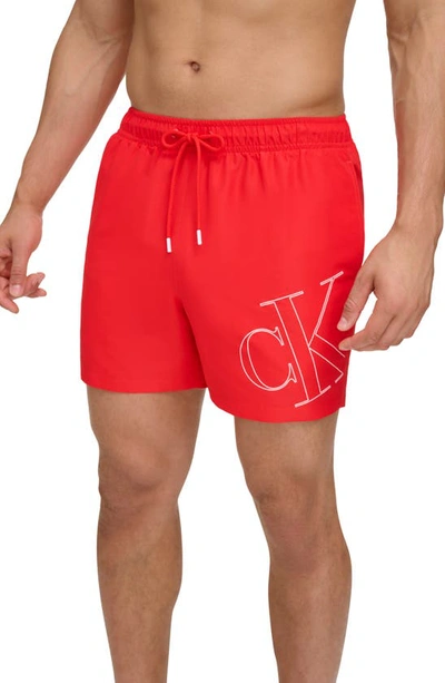 Calvin Klein Ck Outline Repreve® Recycled Polyester Swim Trunks In Red