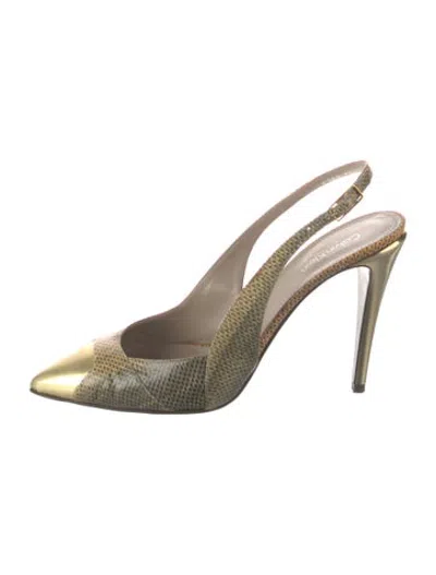 Pre-owned Calvin Klein Collection Leather Animal Print Slingback Pumps In Gold/metallic