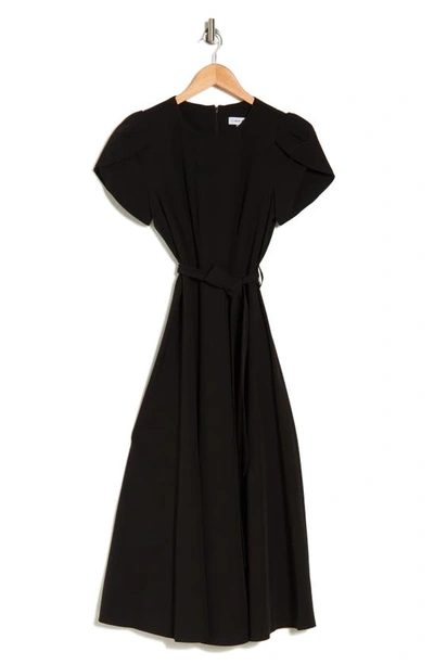 Calvin Klein Comm Tie Waist Tulip Sleeve Dress In Black
