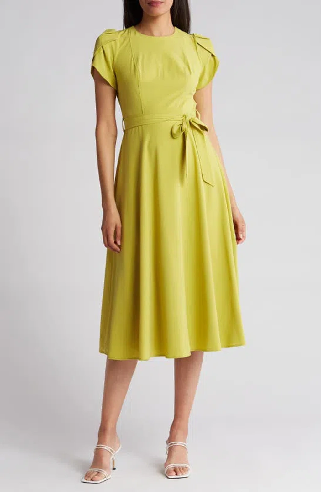Calvin Klein Comm Tie Waist Tulip Sleeve Dress In Celery | ModeSens