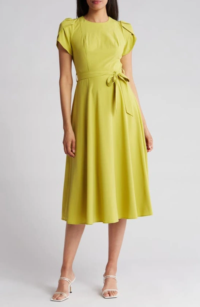 Calvin Klein Comm Tie Waist Tulip Sleeve Dress In Celery