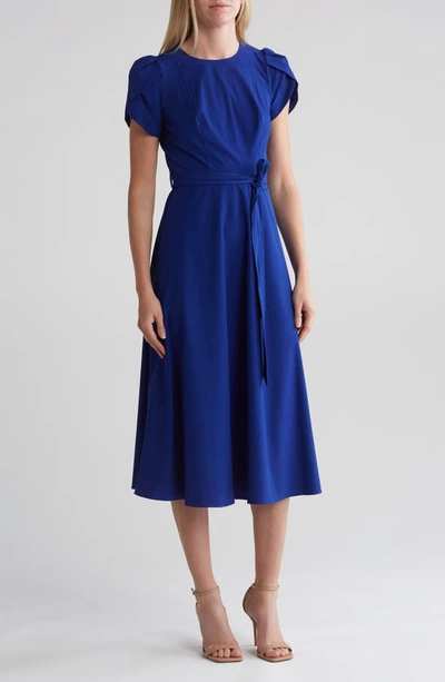 Calvin Klein Comm Tie Waist Tulip Sleeve Dress In Ultramarine