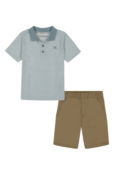Calvin Klein Kids' Polo & Shorts Set In Blue/ Tan