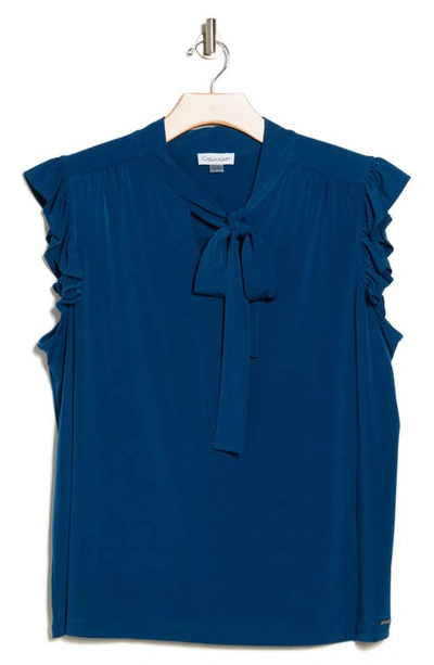 Calvin Klein Ruffle Tie Neck Top In Blue