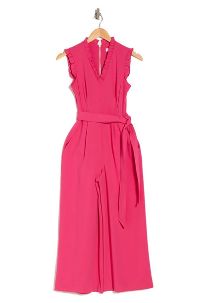 Calvin Klein Ruffle V-neck Sleeveless Crop Jumpsuit In Pink