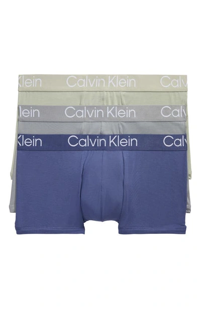 Calvin Klein Ultra-soft Modern 3-pack Stretch Modal Trunks In Blue Indigo/ Grey/ Beige