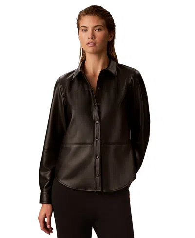 Calvin Klein Women's Faux Leather Button-front Long-sleeve Shirt In Black