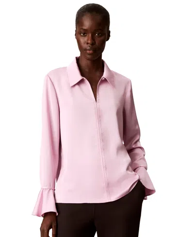 Calvin Klein Women's Long-sleeve Flutter-cuff Satin Blouse In Pink