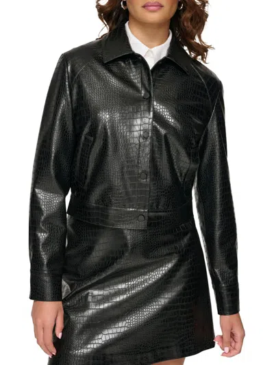 Calvin Klein Womens Cropped Faux Leather Motorcycle Jacket In Black