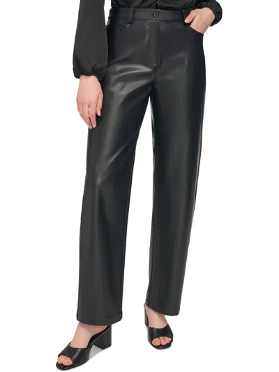 Calvin Klein Womens Slimming Faux Leather Trouser Pants In Black