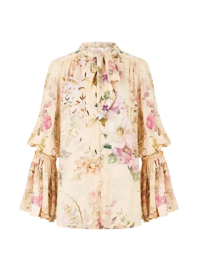 Camilla Floral-print Jacquard Blouse In Gold