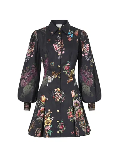 Camilla Floral-print Pleated Mini Shirt Dress In Black