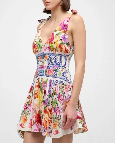 Camilla Tie-shoulder Floral Linen Silk Mini Dress In Dutch Is Life
