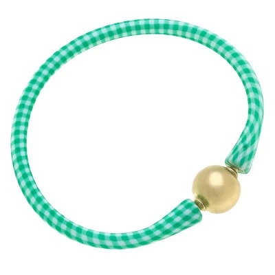 Canvas Style Bali 24k Gold Plated Ball Bead Silicone Bracelet In Green Gingham