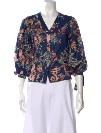 Pre-owned Cara Cara Floral Print V-neck Blouse In Blue