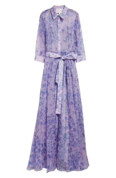 Carolina Herrera Floral Print Button Front Belted Silk Gown In Lilac