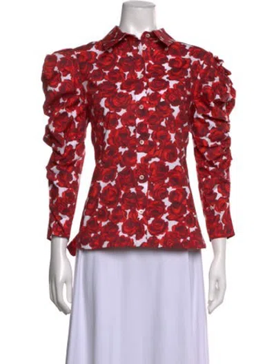 Pre-owned Carolina Herrera Floral Print Long Sleeve Blouse In Red