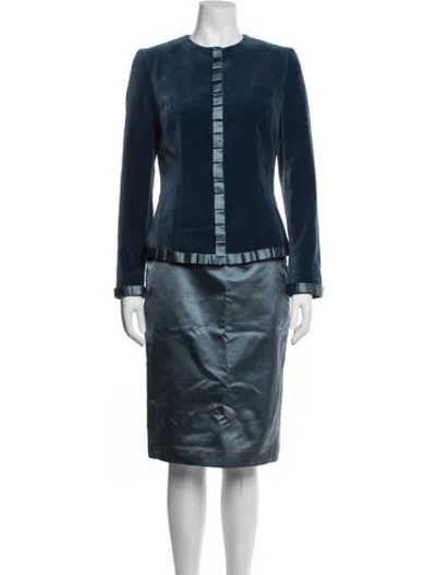 Pre-owned Carolina Herrera Pleated Accents Skirt Suit In Blue