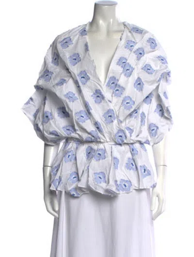 Pre-owned Caroline Constas Floral Print V-neck Blouse In Blue/metallic