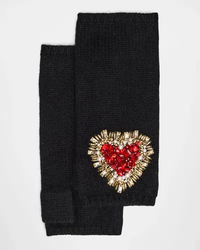 Carolyn Rowan Cashmere Heart-embroidered Short Fingerless Gloves In Black