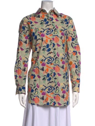 Pre-owned Caron Callahan Floral Print Long Sleeve Button-up Top In Multicolor