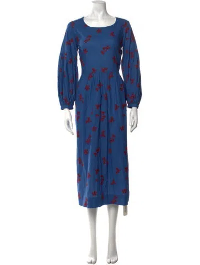 Pre-owned Caron Callahan Floral Print Midi Length Dress In Blue