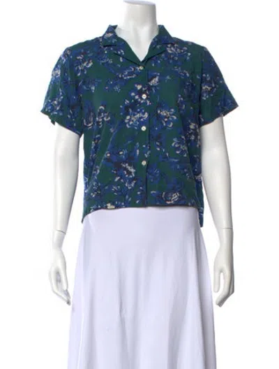 Pre-owned Caron Callahan Floral Print Short Sleeve Button-up Top In Green
