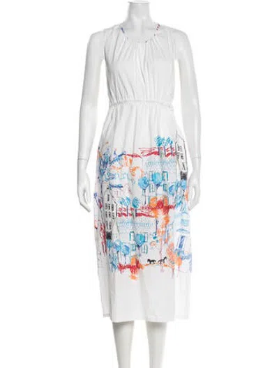 Pre-owned Caron Callahan Graphic Print Midi Length Dress In White