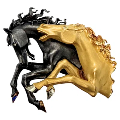 Pre-owned Carrera Y Carrera Black & Gold Horse Stallions Equestrian Gold Brooch Pendant