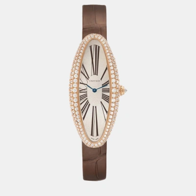 Pre-owned Cartier Baignoire Allongee Rose Gold Diamond Ladies Watch Wjba0006 47 X 21 Mm In Silver