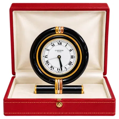 Pre-owned Cartier Circular Desk Clock Gilt Metal & Black Enamel **free Us Import Fee***