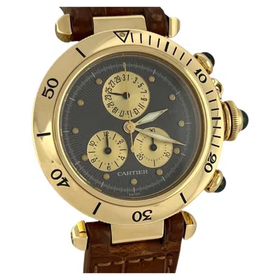 Pre-owned Cartier Pasha 1353 Chronograph Grey Dial 18k Yellow Gold Leather Strap 35mm