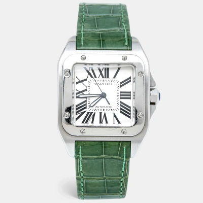 Pre-owned Cartier Silver White Stainless Steel Alligator Leather Santos 100 W20073x8 Men's Wristwatch 38 Mm In Green