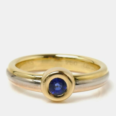 Pre-owned Cartier Vintage 18k Yellow Gold Rose Gold White Gold And Sapphire Trinity Band Ring Eu 49