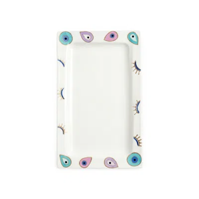 Casa Duniya White Rangeela Rectangular Serving Platter, Hand-painted Evil Eye Porcelain
