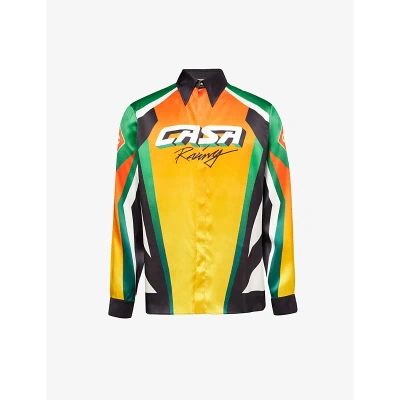 Casablanca Mens Black Green Orange Casa Racing Colour-block Silk Shirt