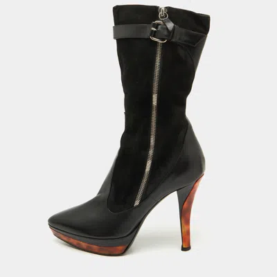 Casadei Black Suede And Leather Platform Ankle Length Boots Size 37.5