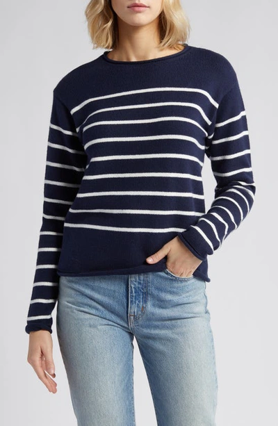 Caslon Roll Neck Sweater In Navy- Ivory Reggie Stripe