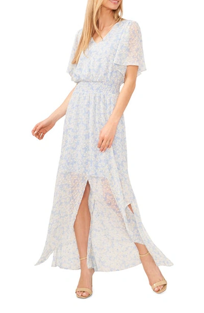 Cece Clip Dot Flutter Sleeve Smocked Waist Dress In Blue Air