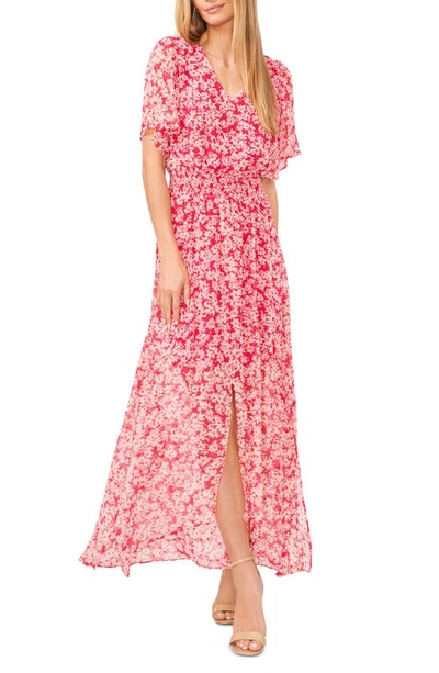 Cece Clip Dot Flutter Sleeve Smocked Waist Dress In Bright Rose Pink