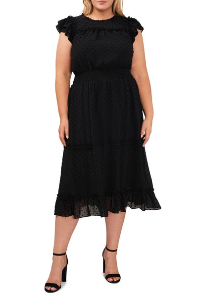 Cece Clip Dot Ruffle Tiered Midi Dress In Rich Black
